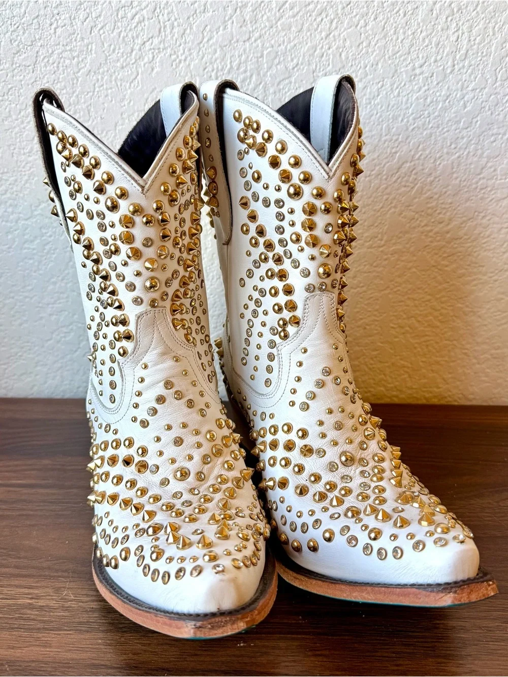 White Studded Lane Boots Dolly Western Ankle Boots with Gold Accents